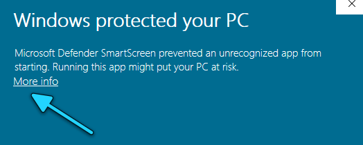Windows SmartScreen-rute: «Windows protected your PC». Klikk «More info» / «Mer info».