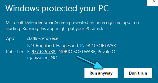 SmartScreen viser utgiver: INDBJO SOFTWARE, org.nr 937 626 738, Private Organization, Norge. Klikk «Kjør likevel» / «Run anyway».